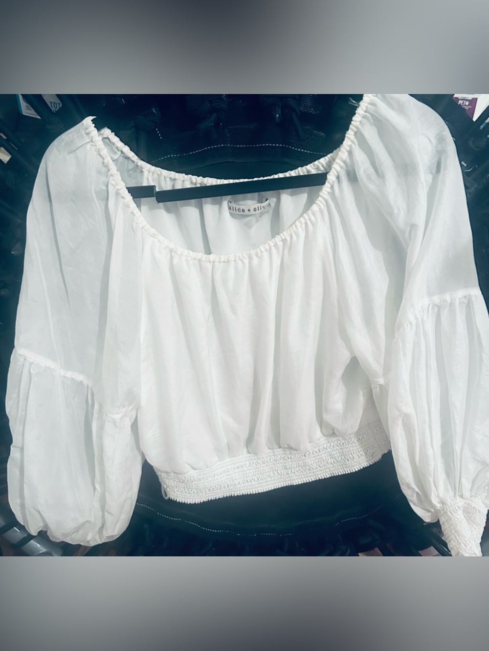 Alice + Olivia White Elasticized Off-Shoulder Crop Blouse